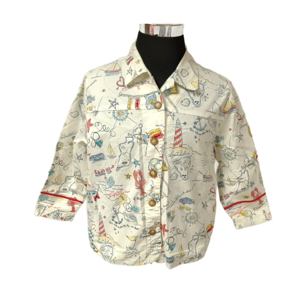 Vtg GRAFF Womens 1X White Nautical Seaside Embellished Button Down Jacket